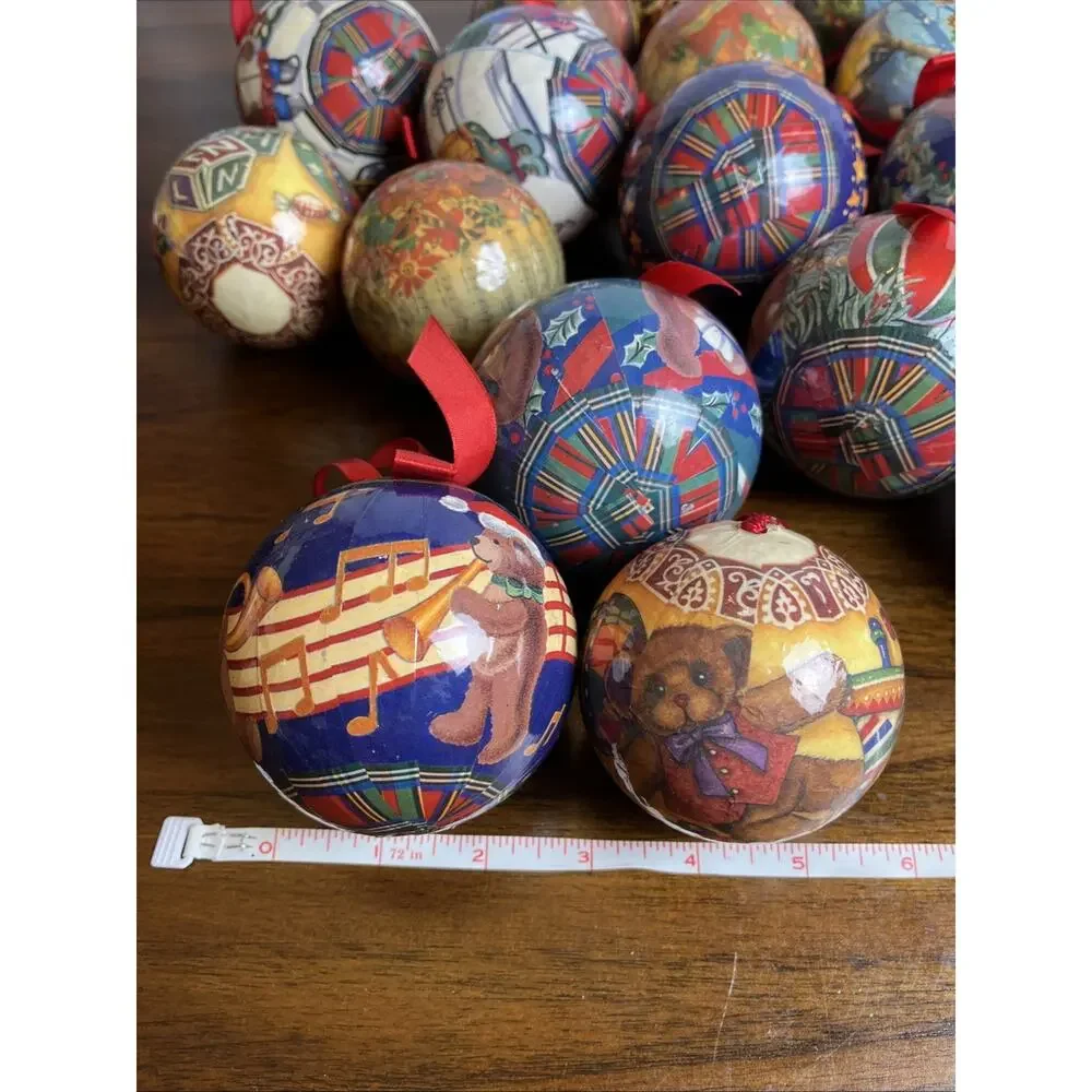 Christmas Teddy Bear Decoupage 22 Paper Mache Ball Ornaments Mixed Lot Vintage